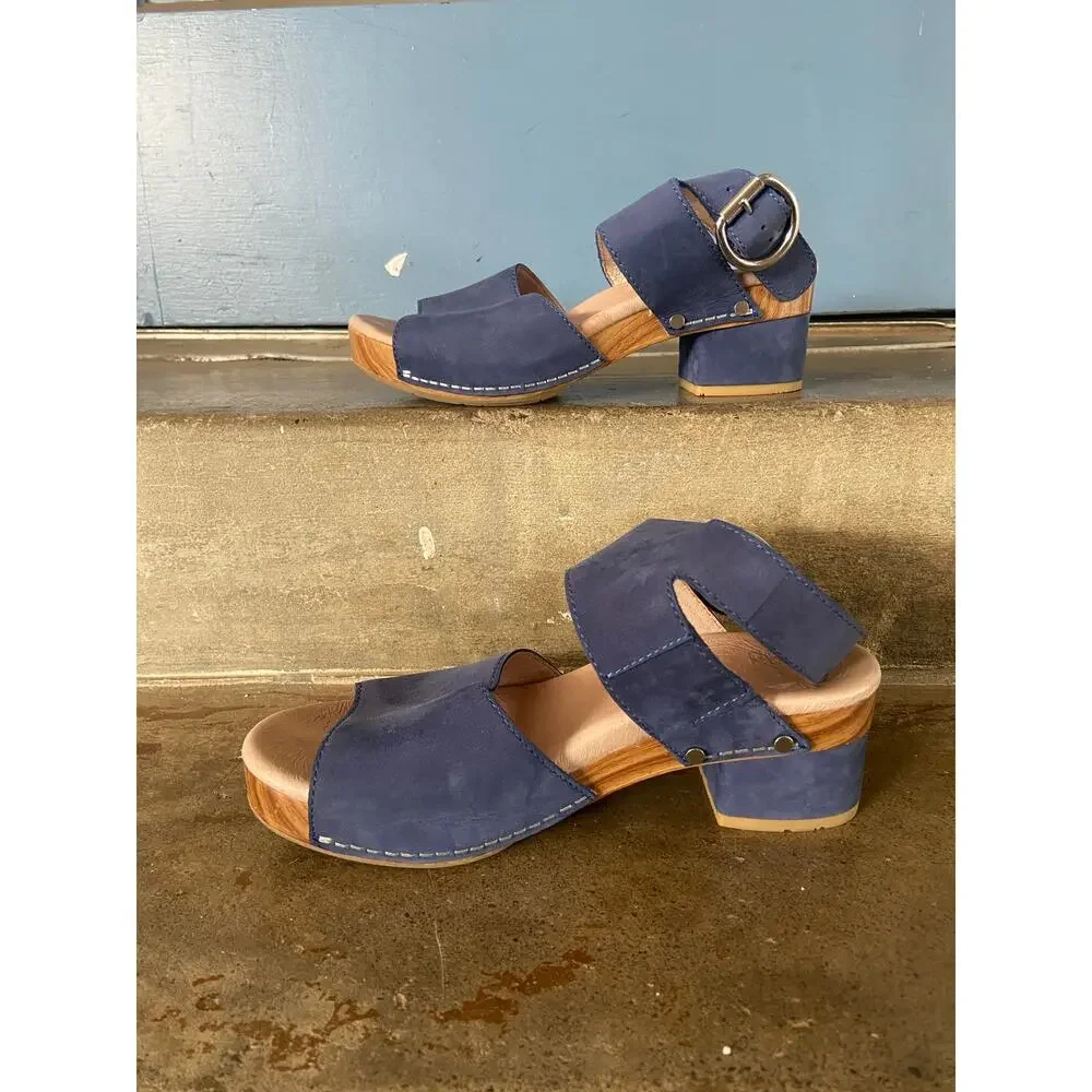 Dansko Minka navy blue nubuck leather ankle strap platform sandal w/ block heel